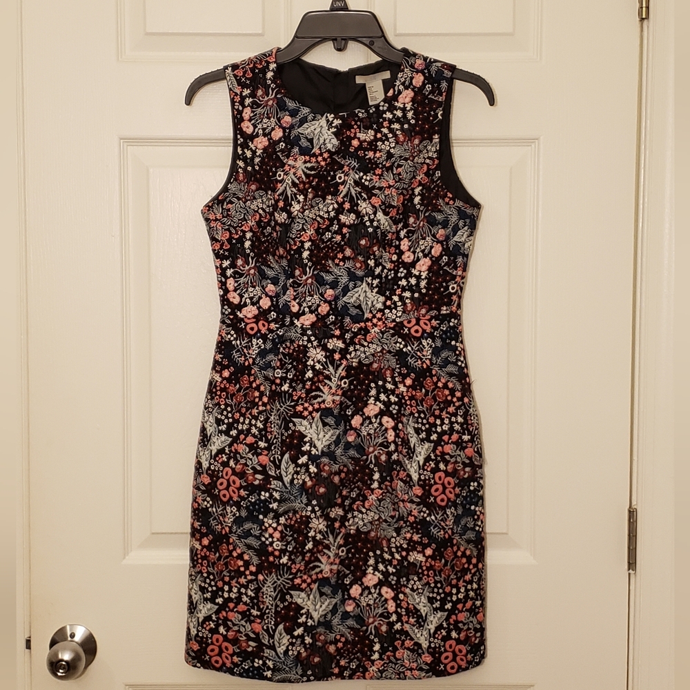 H&M Black Floral Embroidered Midi Dress | Women's Size 6